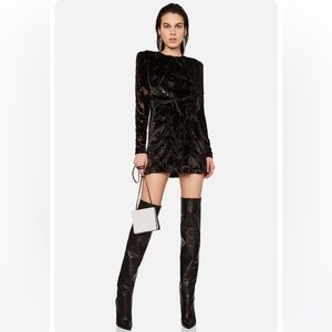 SAINT LAURENT Black Draped Burnout Velvet Silk Long Sleeve Mini Dress 4 US 36IT